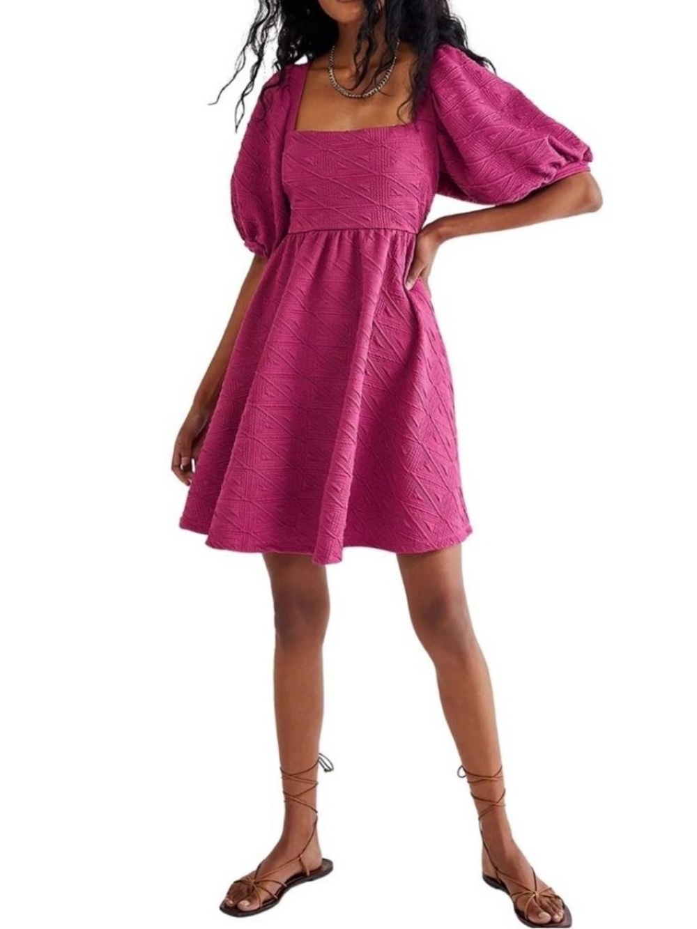 Free People Square-Neck Puff Sleeve Mini Dress in Berry Pink